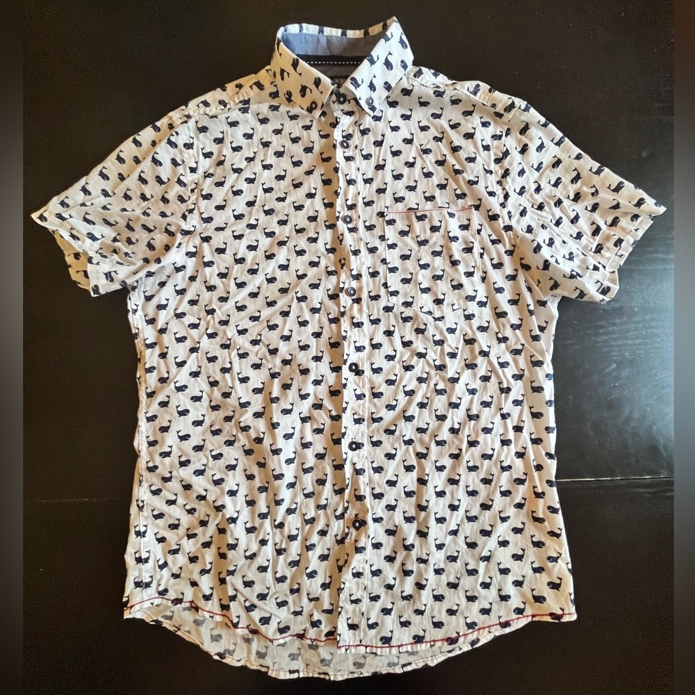 Men’s shirt sleeve button up with whale pattern, size small.